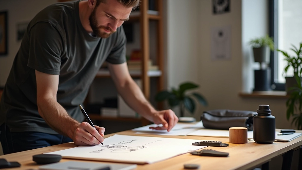Design workspace with bag prototypes and materials at alarmrouter studio