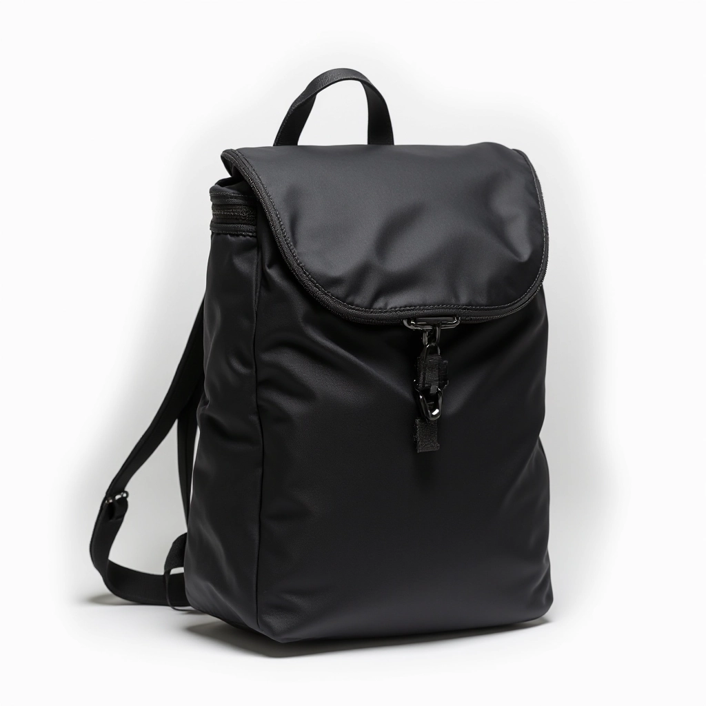 Black compact sling pack with shoulder strap on white background showing minimalist design and smart pocket details